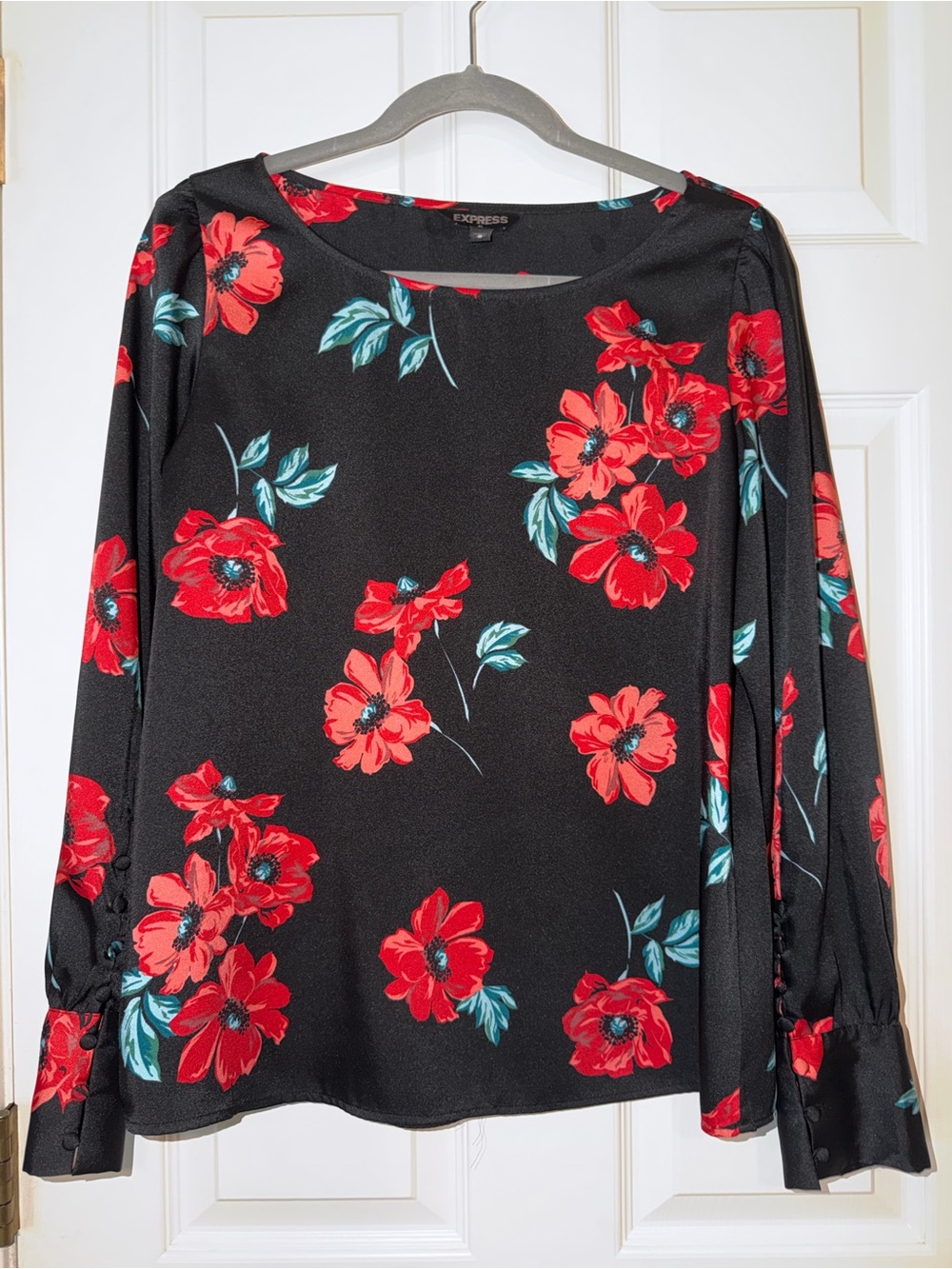 Express Black Blouse with Red Floral Print and Button Details on Sleeves
